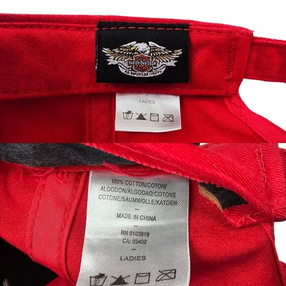 Harley Davidson Embroidered Red Adjustable Tuck Strap Cap Trucker Biker Hat Rive - Picture 9 of 14